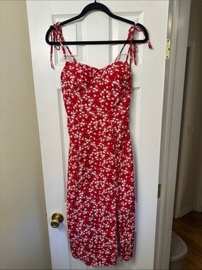 Red Floral Tie-Shoulder Midi Dress